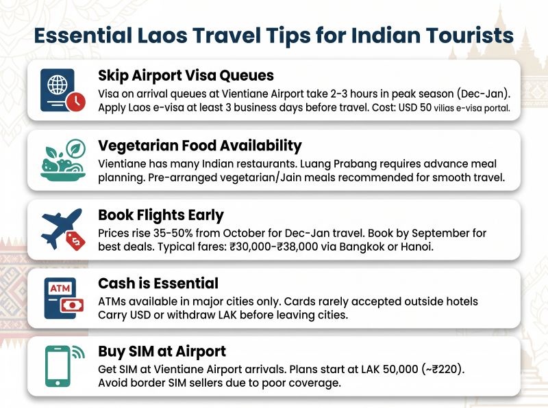 5 things Indian tourists must know about Laos showing e-visa stamp Laos currency USD notes and SIM card travel essentials