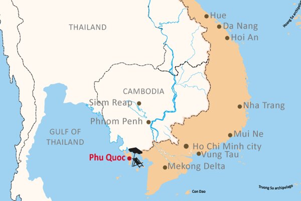Where is Phu Quoc Island: map of Phu Quoc in the Gulf of Thailand near Cambodia