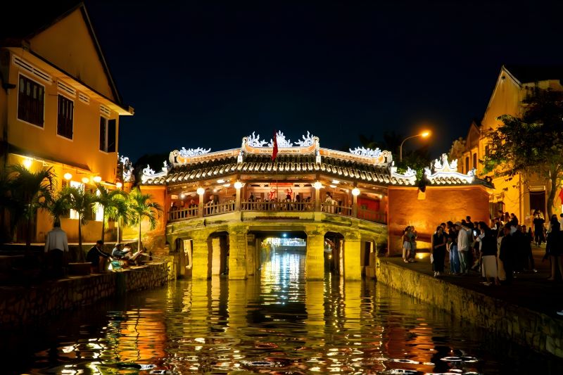 Hoi An Ancient Town Japanese Covered Bridge illuminated by lanterns on full moon night