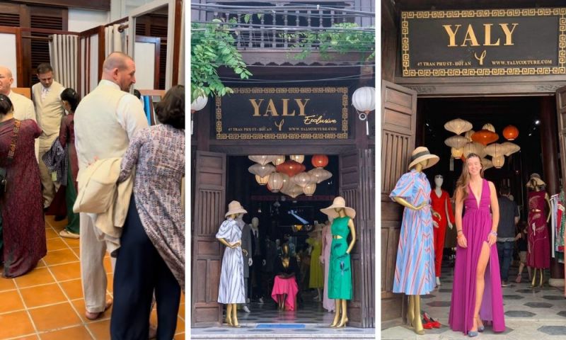 YALY Couture storefront with gold signage on Tran Phu Street Hoi An showing mannequins in colourful Ao Dai dresses and lantern decorations