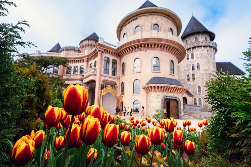 Le Jardin d'Amour rose gardens at Ba Na Hills with mountain backdrop in spring bloom