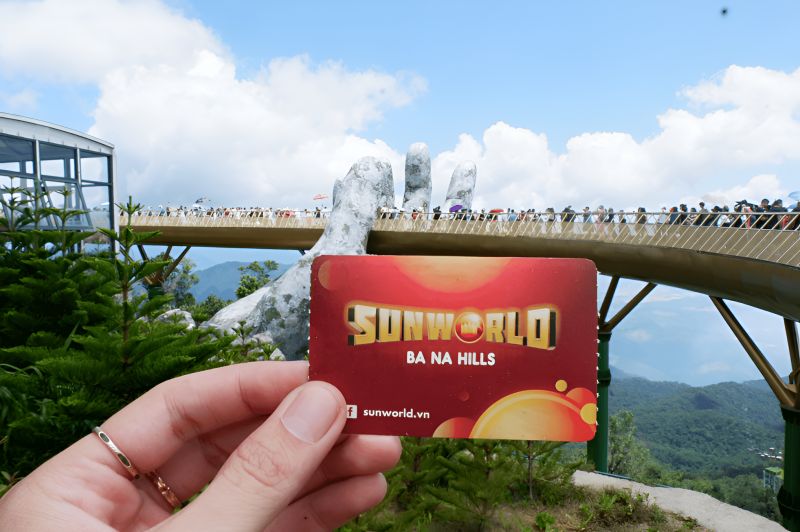 Ba Na Hills entrance ticket pricing 2026 for adult Indian tourist at 970,000 VND or ₹3,470 covering cable car, French Village, Fantasy Park, and Linh Ung Pagoda