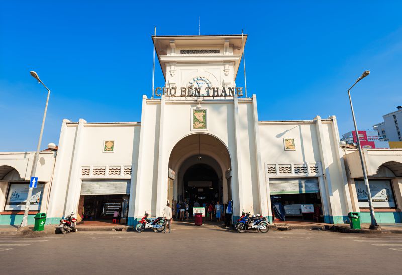 Ben Thanh Market clock tower facade and main entrance in District 1 Ho Chi Minh City covered marketplace