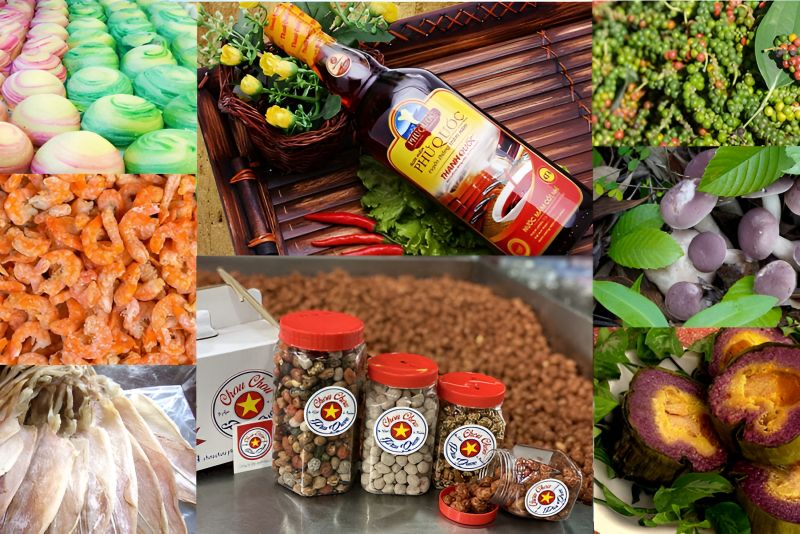 Six budget Phu Quoc souvenirs each priced under one thousand rupees including fish sauce pepper Sim wine keychains pouches magnets
