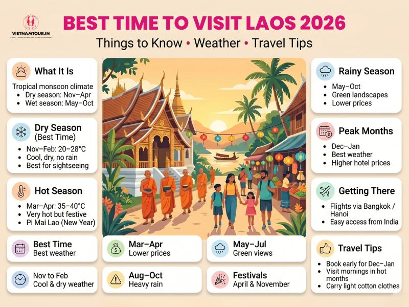 Best time to visit Laos showing Luang Prabang Buddhist temple and monks during peak dry season for Indian tourists