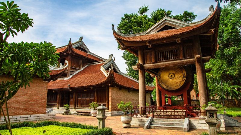 Drum tower at Temple of Literature Hanoi during best morning visiting hours October to April