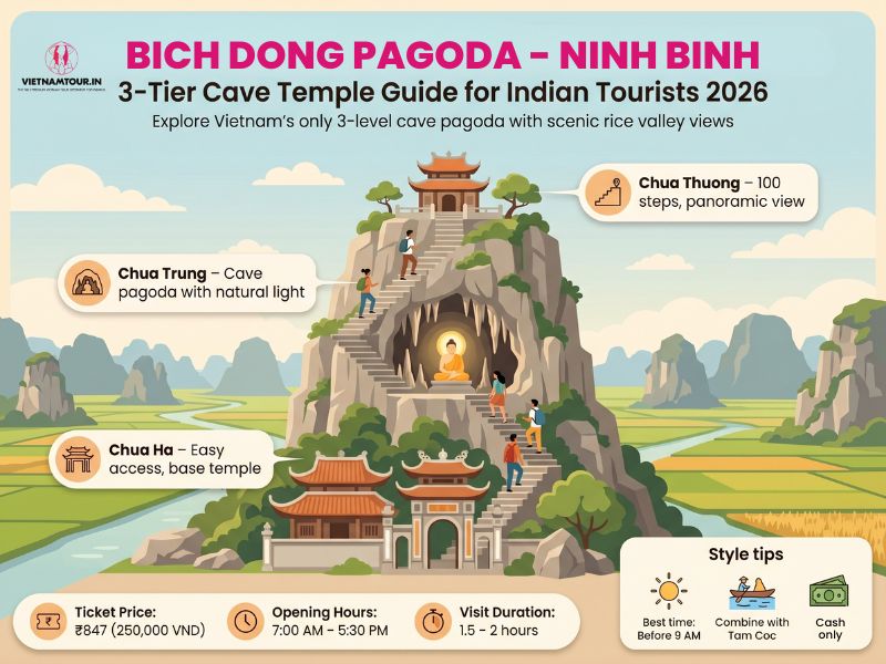 Bich Dong Pagoda 3-tier cave temple complex on Bich Dong Mountain limestone cliffs in Ninh Binh, Vietnam