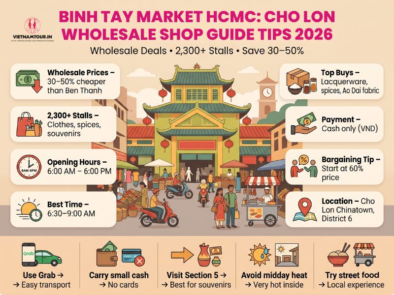 Binh Tay Market wholesale guide infographic showing opening hours, stall sections, transport and tips for Indian tourists