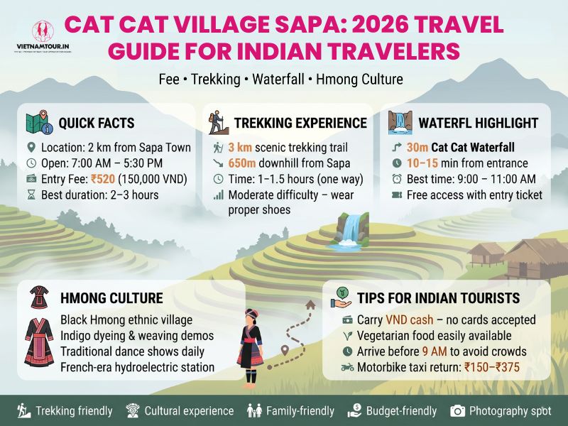 Cat Cat Village panoramic view showing traditional Black Hmong wooden stilt houses and Muong Hoa Valley terraced rice fields near Sapa Town
