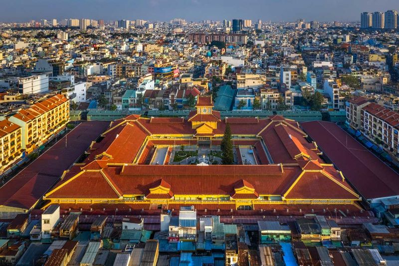 Cho Lon Chinatown streets near Binh Tay Market in District 6 Ho Chi Minh City showing Chinese-Vietnamese architecture and market atmosphere