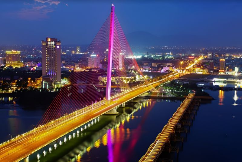 Map style overview of Da Nang nightlife area showing Han River, An Thuong Quarter, and My Khe zones