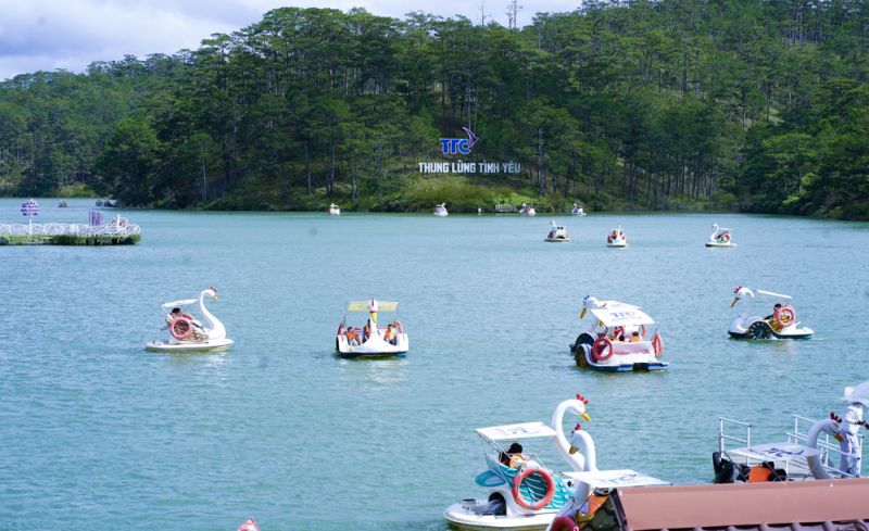 Da Thien Lake at Dalat Valley of Love with swan-shaped pedal boats and surrounding pine-covered hillsides under morning mist