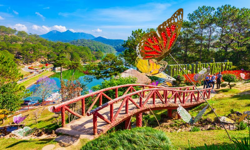 Glass Bridge at Dalat Valley of Love showing transparent walkway above pine treetops with panoramic valley and Da Thien Lake view
