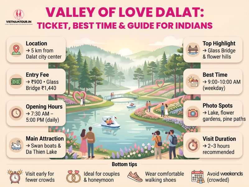 Dalat Valley of Love infographic showing ticket prices in INR, opening hours, top attractions and best visit window for Indian tourists