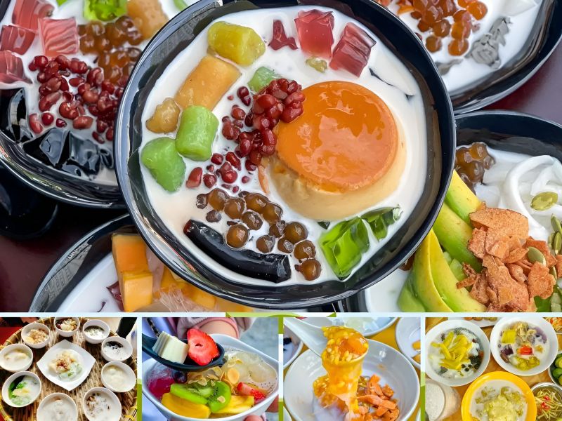 Six Vietnamese Che varieties served in small glasses on a tray — banana coconut, mung bean, glutinous rice balls, almond lychee, sweet corn and black sticky rice yogurt