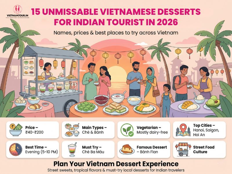 Vietnamese desserts spread on a wooden table showing Che Ba Mau in a tall glass, Banh Flan, Banh Da Lon slices and tropical fruit garnishes — the 15 desserts in Vietnam covered in this guide for Indian tourists