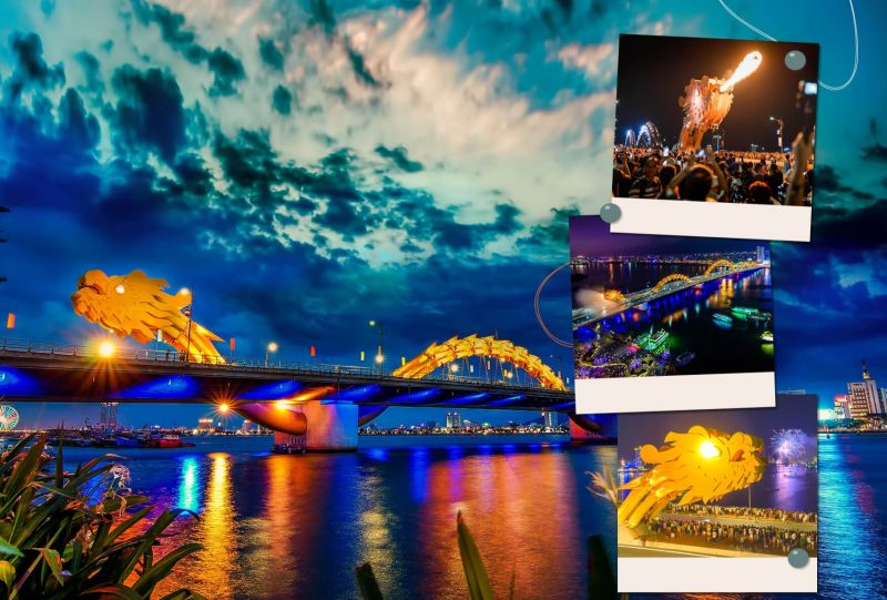 Dragon Bridge Da Nang fire show at 9 PM Saturday with flames erupting from the dragon head while crowds watch from Bach Dang promenade