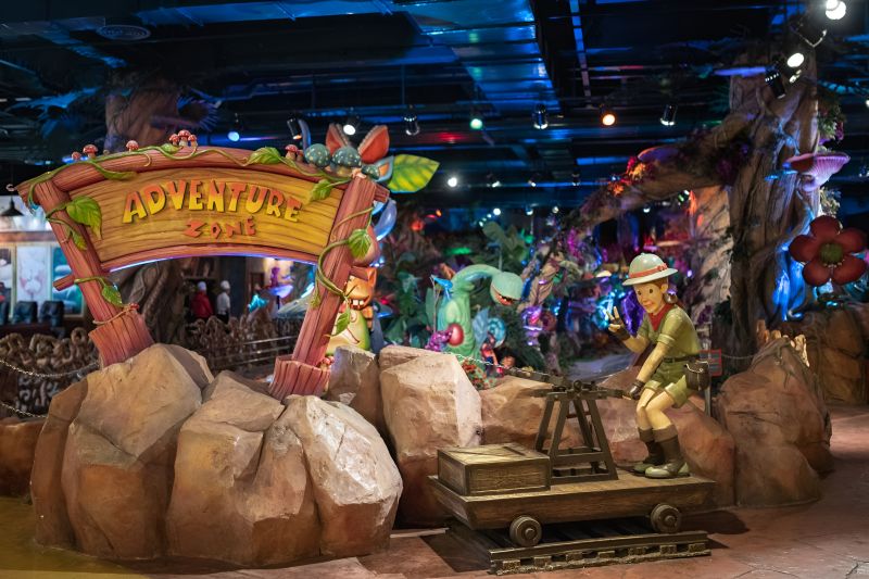 Fantasy Park Vietnam interior showing thrill rides family rides and immersive zones across 3 underground levels