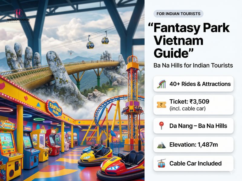 Sun World Ba Na Hills overview showing French Village Golden Bridge Linh Ung Pagoda and Fantasy Park entry