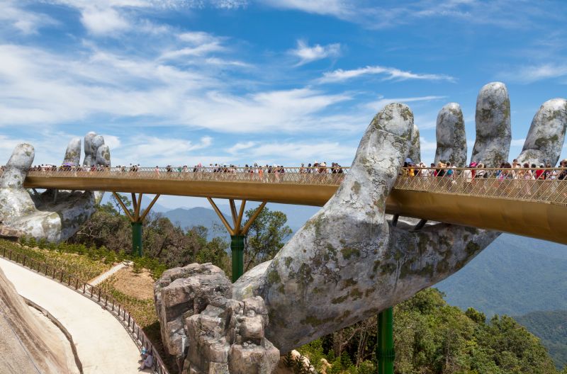 Aerial view of Golden Bridge Ba Na Hills location at 1,414 metres elevation Da Nang Vietnam