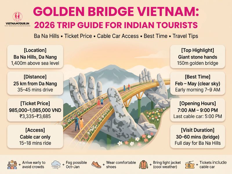 Golden Bridge Vietnam pedestrian walkway held by 2 giant stone hands at Ba Na Hills Da Nang