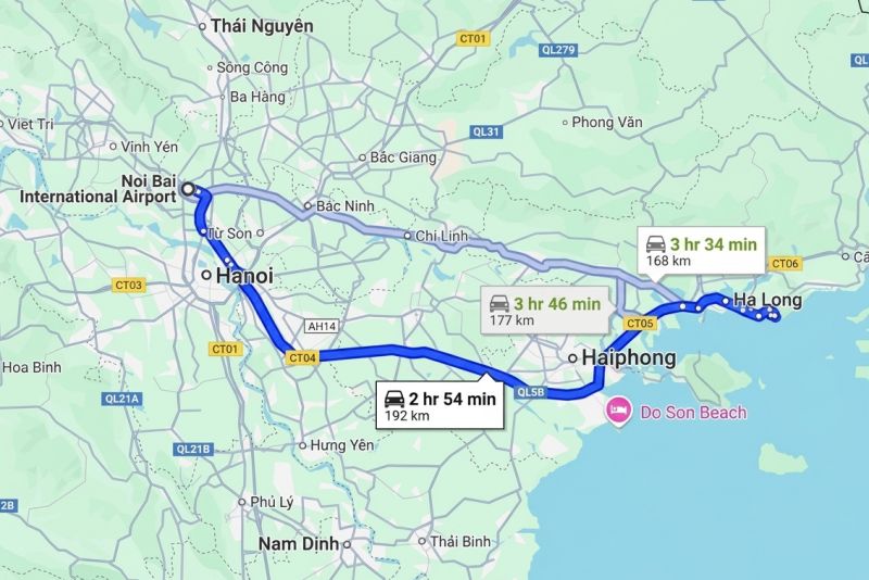 Halong Bay to Hanoi distance 170 km signage and 3 to 3.5 hour travel time indicator on National Highway 18