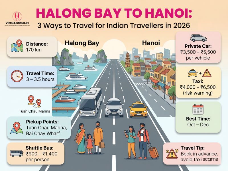 Halong Bay to Hanoi 170 km road transfer route map showing Tuan Chau Marina pickup and Hanoi Old Quarter drop-off via Hanoi–Haiphong Expressway
