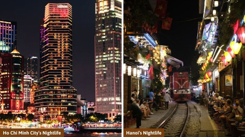Hanoi nightlife versus Ho Chi Minh City nightlife comparison showing Old Quarter walkable streets on the left and Bui Vien Street neon club scene on the right