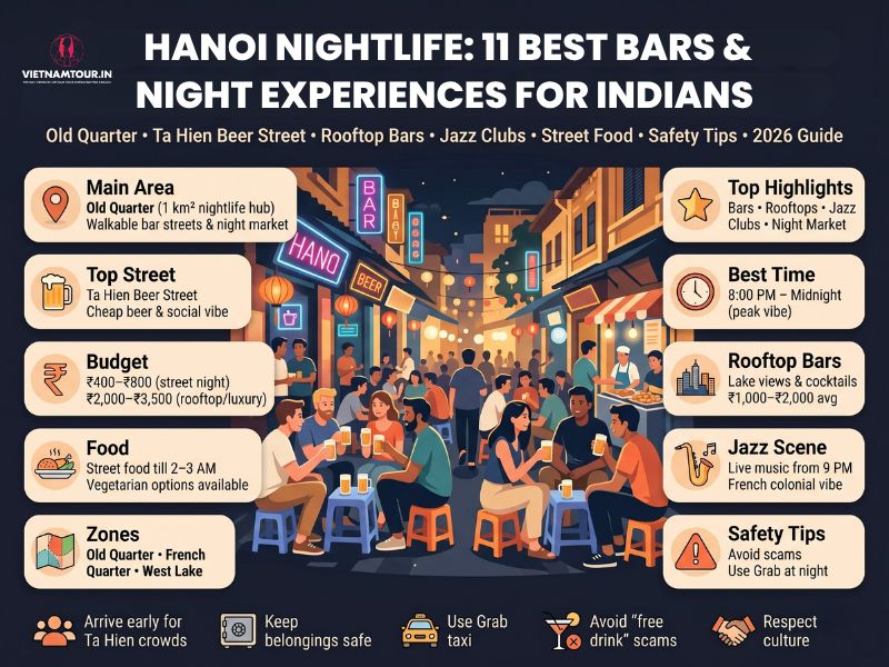Hanoi nightlife scene with Old Quarter neon signs, hanging lanterns, and street-side bia hơi vendors crowded with Indian and Vietnamese visitors