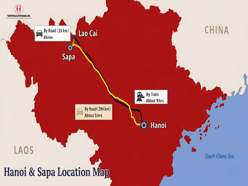Map showing Hanoi to Lao Cai to Sapa route with distances and travel time by road and rail in northern Vietnam