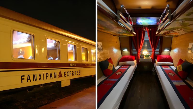 Yellow Fanxipan Express train carriage exterior at night beside interior view of wood-panelled 2-berth luxury sleeper cabin with red cushions and curtains