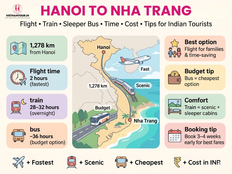 Hanoi to Nha Trang route map showing 1278 km North-to-South corridor with flight train and sleeper bus icons