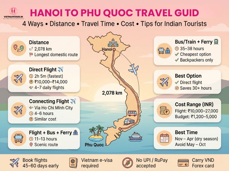 Hanoi to Phu Quoc 4 ways travel guide infographic showing distance 2078 km direct flight 2 hours 5 minutes overland 35-38 hours costs in INR for Indian tourists 2026