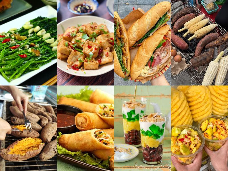 Hanoi Walking Street food tour vegetarian street food stalls with grilled corn fresh spring rolls and Vietnamese snacks for Indian tourists