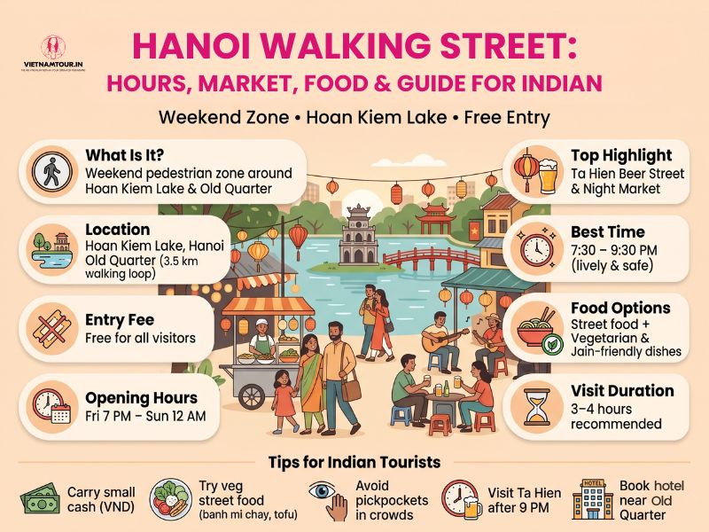 Hanoi Walking Street pedestrian zone at Hoan Kiem Lake during a weekend evening with crowds and lake-edge promenade