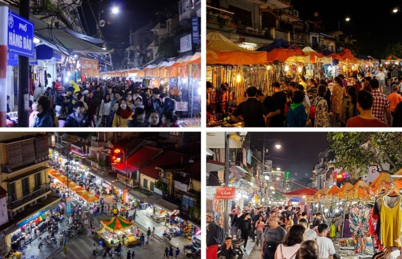 Hanoi Walking Street Night Market on Hang Dao Street with vendor stalls selling clothing souvenirs and embroidery to weekend shoppers