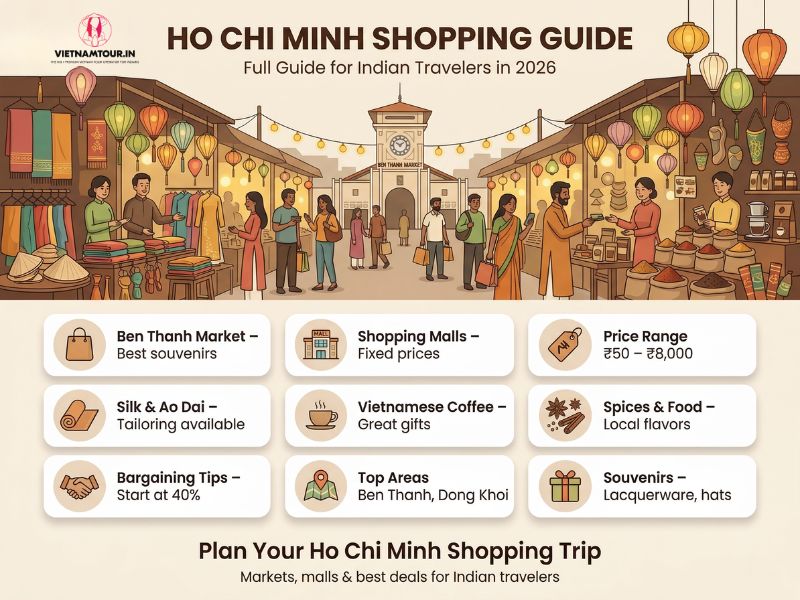 Ho Chi Minh City shopping overview showing Ben Thanh Market entrance, Vincom Center facade, and Dong Khoi Street boutiques in 2026