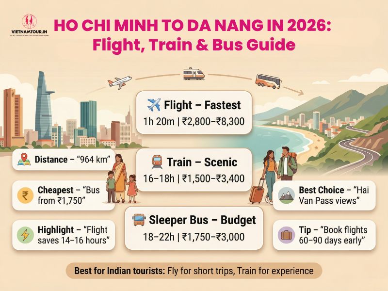 Ho Chi Minh to Da Nang 2026 transport comparison infographic showing flight 1h 20m INR 2800 to 8300, train 16-18h with Hai Van Pass scenic route, and sleeper bus 18-22h from INR 1750 across 964 km