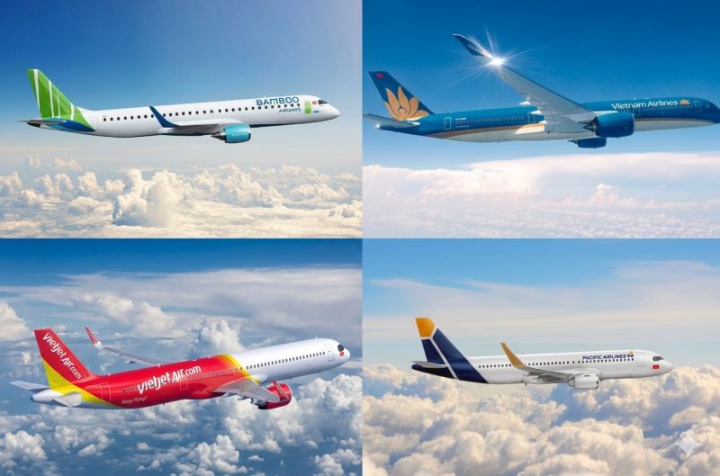 Vietnam Airlines and VietJet aircraft operating Ho Chi Minh City to Hanoi domestic route at Tan Son Nhat Airport