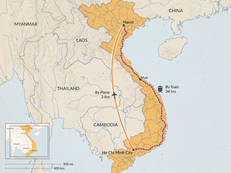 Ho Chi Minh City to Hanoi distance diagram comparing air, road, and rail measurements in kilometres