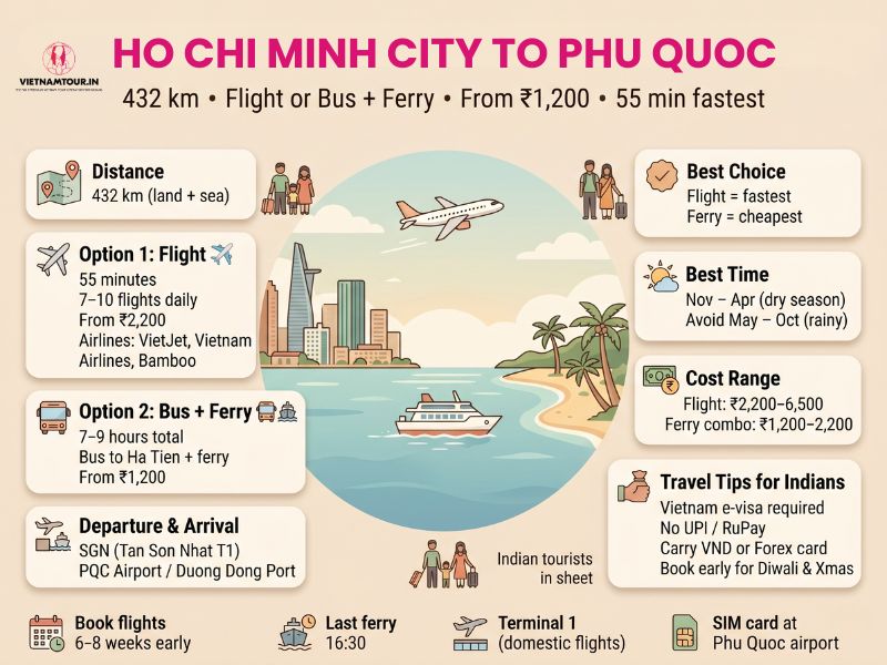 Ho Chi Minh City to Phu Quoc route map showing flight path and bus-plus-ferry combination across 432 km