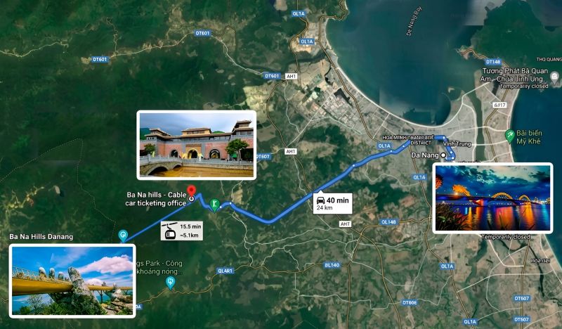 Google Maps screenshot showing Da Nang city to Ba Na Hills 25 km driving route via QL14B Highway, passing My Khe Beach and Hoa Vang District