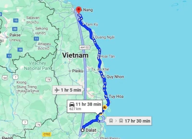 Da Nang to Da Lat route map showing 625 km road distance through Quang Ngai, Quy Nhon, Nha Trang, and the Ngoan Muc Pass into Lam Dong province