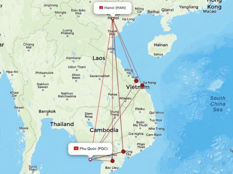 Hanoi to Phu Quoc distance map showing 2078 km flight route from Hanoi HAN airport in northern Vietnam to Phu Quoc PQC island airport in Gulf of Thailand