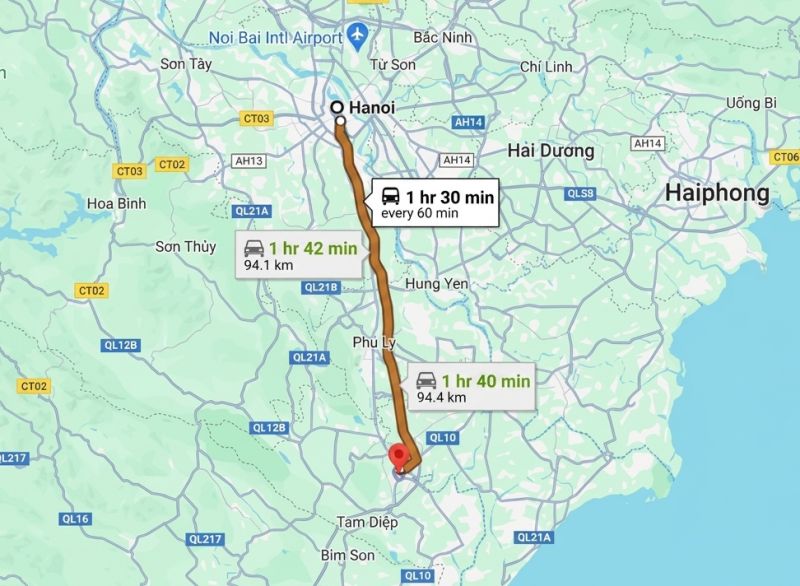 National Highway 1A route map from Hanoi to Hoa Lu Ancient Capital covering 96 km in approximately 2 hours