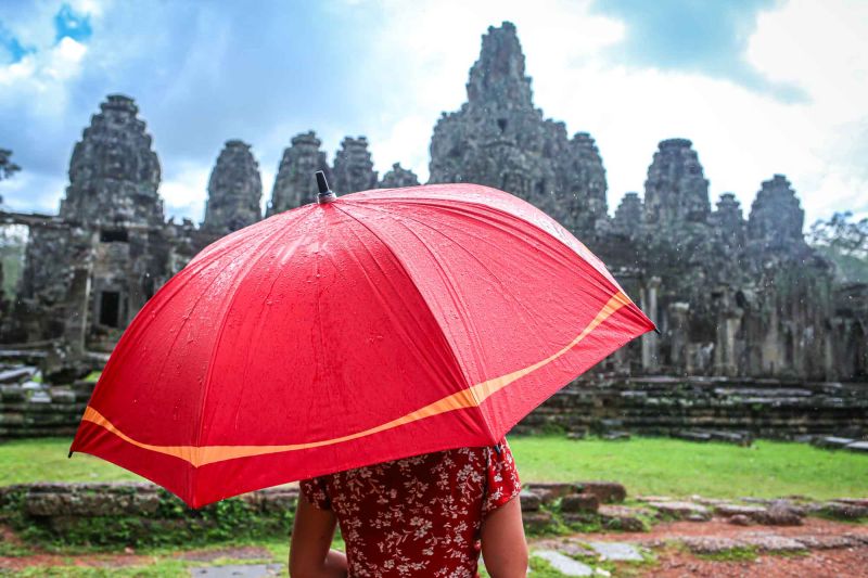 July in Cambodia — predictable Kerala-style afternoon monsoon rain with clear mornings at Angkor