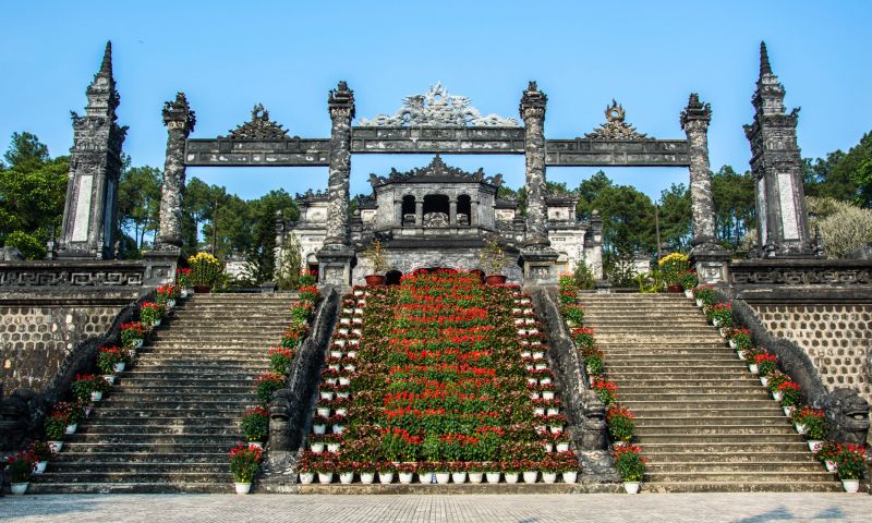 Exterior facade of Khai Dinh Tomb showing the fusion of Vietnamese imperial tradition with French Gothic, Roman, and Hindu architectural styles