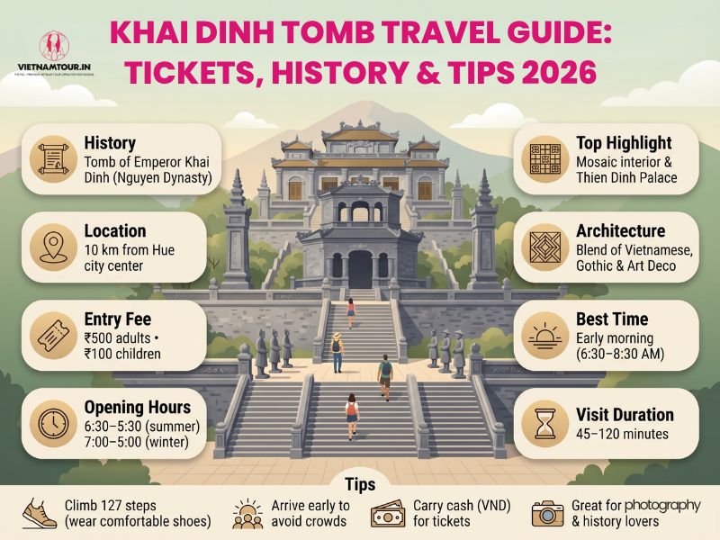 Khai Dinh Tomb 2026 travel guide infographic showing tickets, opening hours, location, architecture, and visit duration