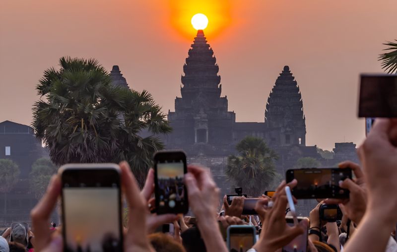 March in Cambodia — spring equinox solar alignment at Angkor Wat central tower sunrise