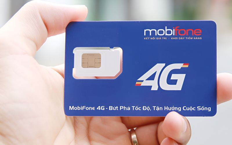 Hand holding a blue Mobifone 4G prepaid SIM card with nano SIM chip visible and Mobifone branding